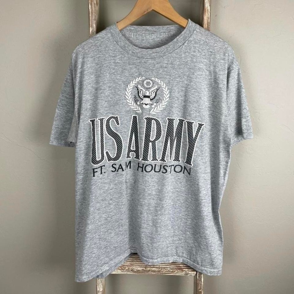 Vintage 90s US Army Gray Ft. Sam Houston Single Stitch T Shirt Large